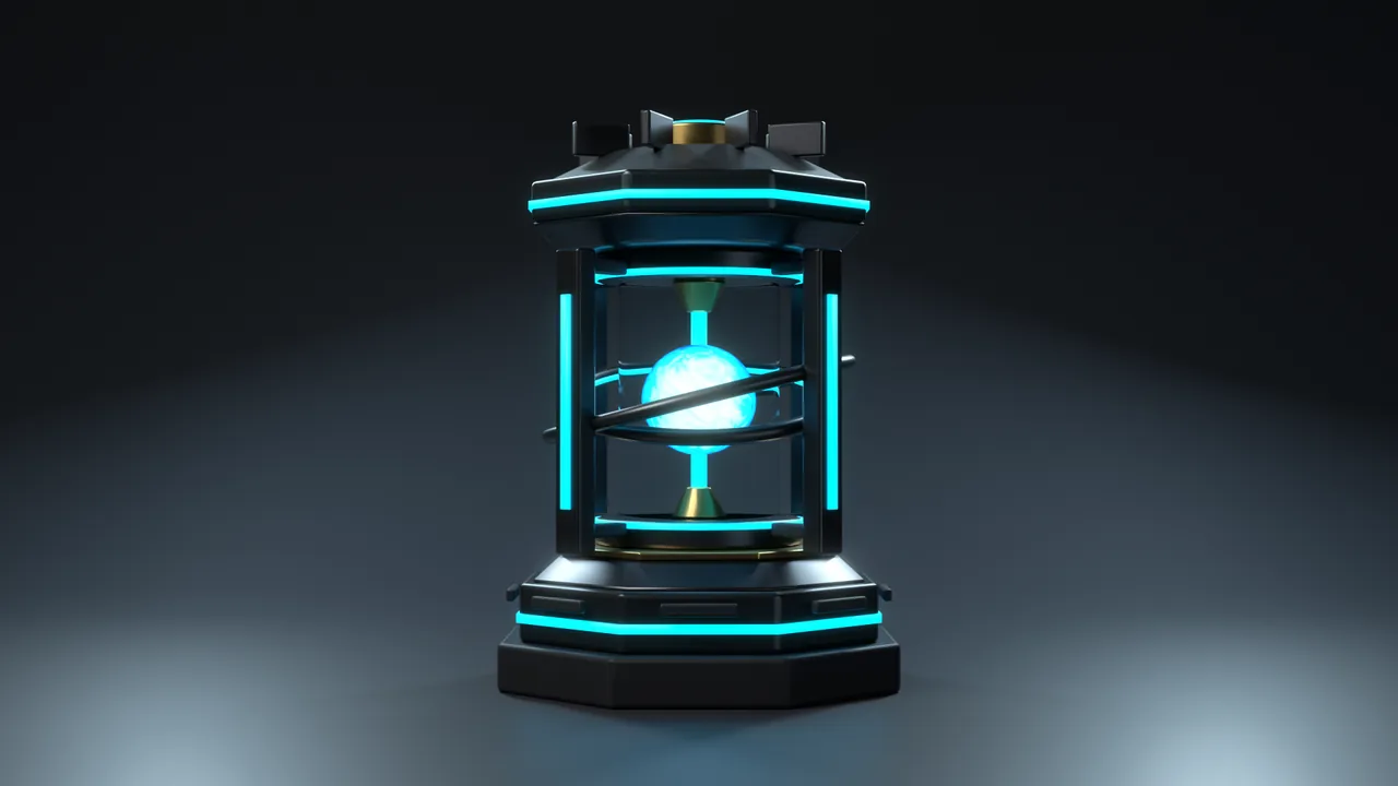 Energy core prop with a glowing cyan sphere inside a metal frame