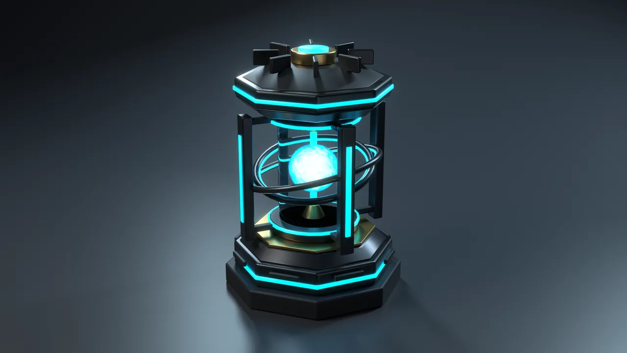 Blender render of a futuristic energy core prop with glowing cyan core