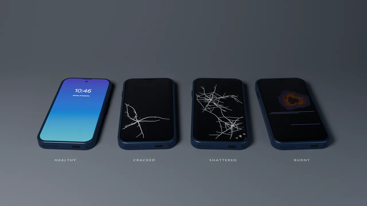 Four smartphones showing healthy, cracked, shattered and burnt screens