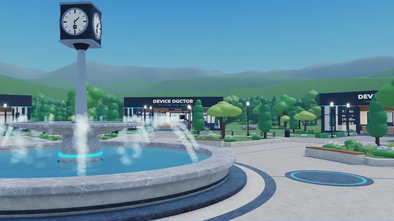 The plaza fountain and clock tower by day, with shops behind