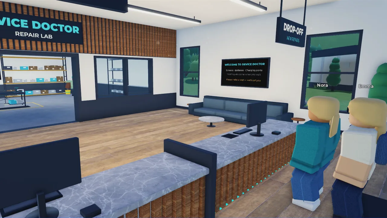 Customers waiting at the front counter of the repair shop