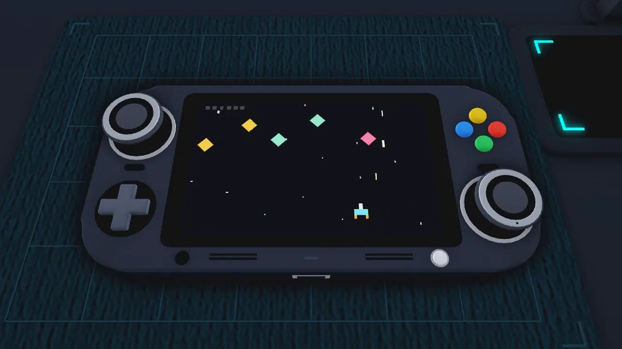 A repaired handheld console booting a retro game