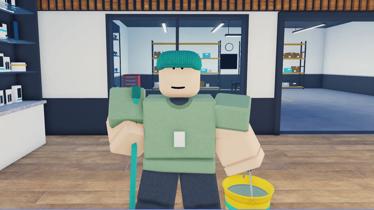 A hired janitor mopping the shop floor