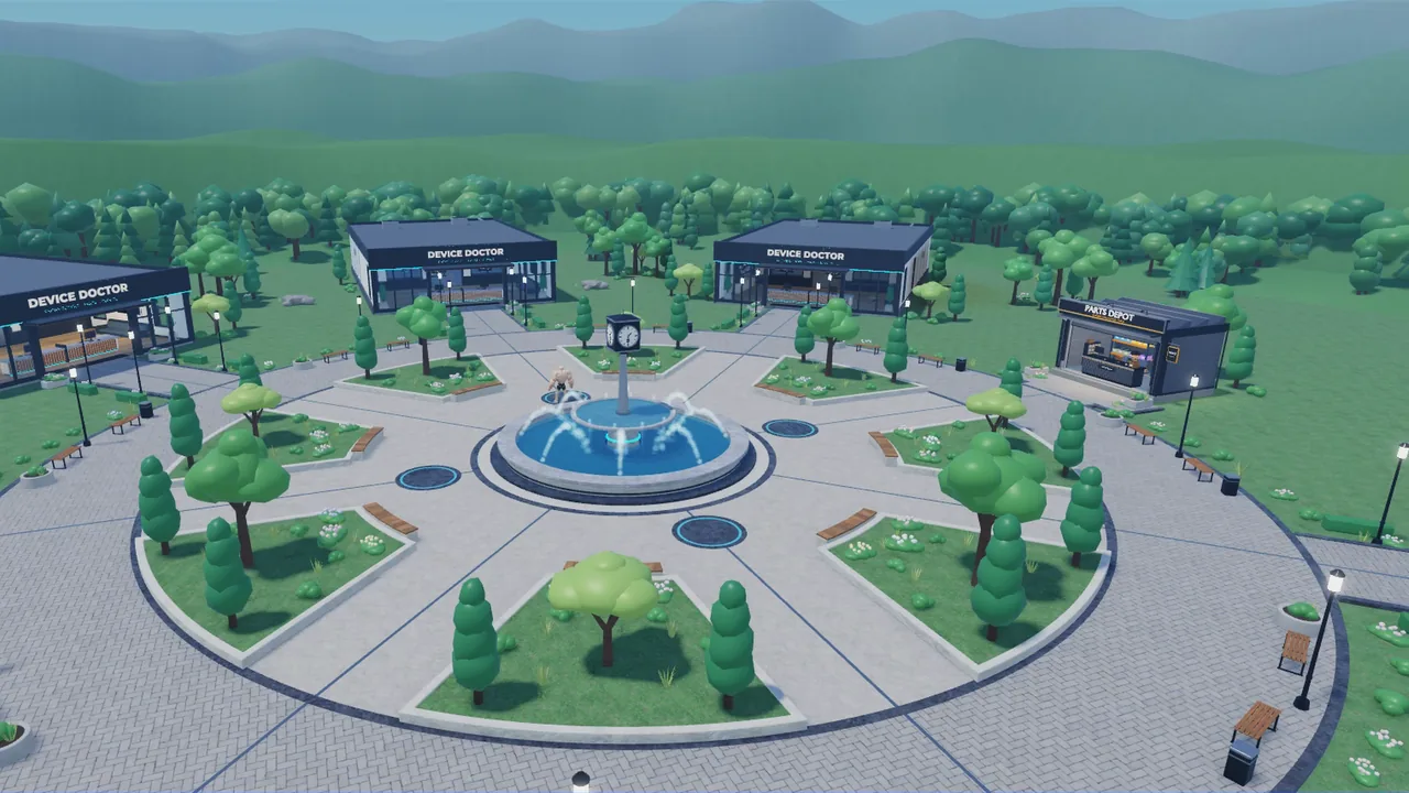 Aerial view of the plaza with a central fountain surrounded by repair shops