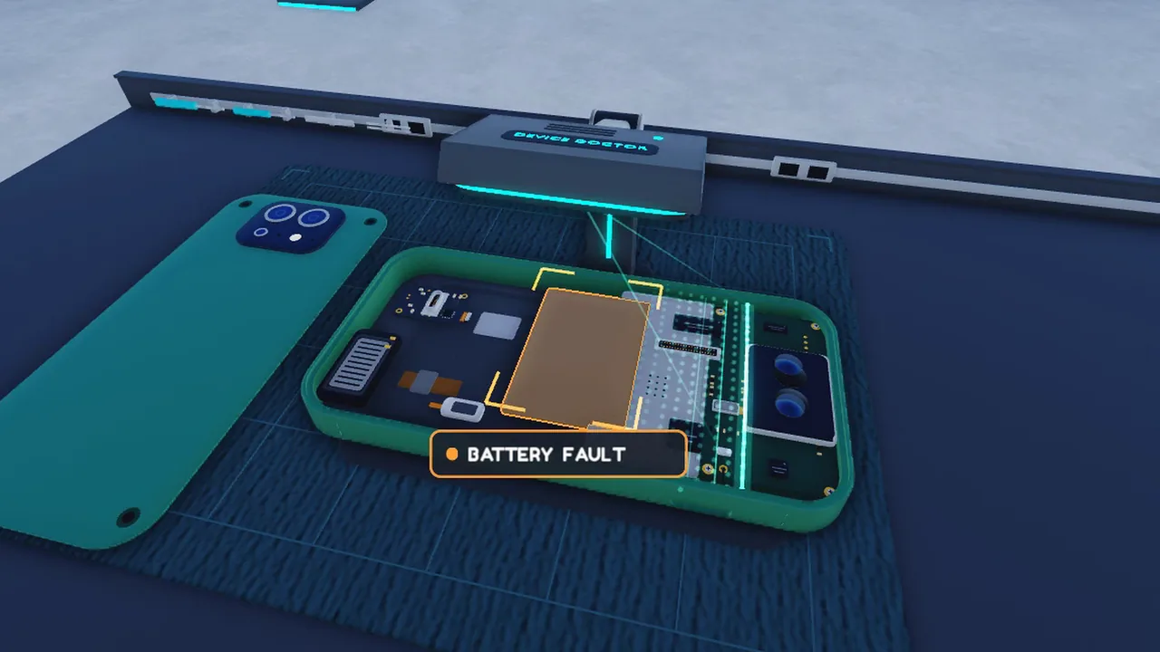 The diagnostic scanner highlighting a battery fault inside a smartphone