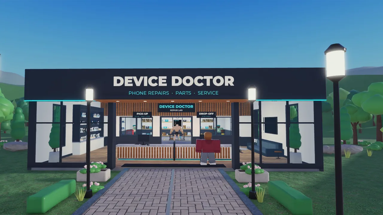 The Device Doctor repair shop storefront in the game's plaza