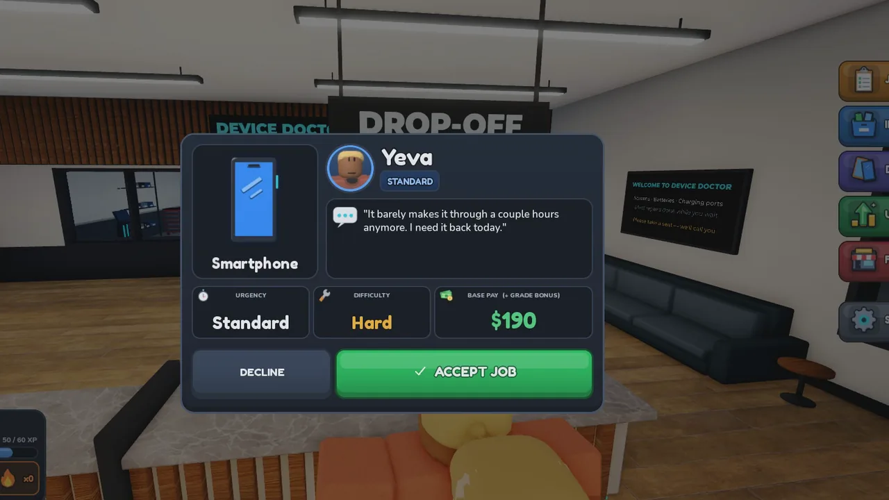 Customer offer card: a smartphone repair, hard difficulty, 190 dollars