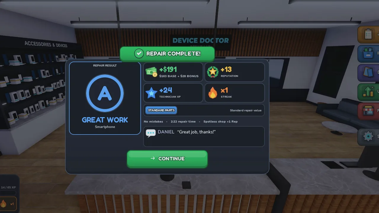 Repair result card showing an A grade, cash and reputation rewards