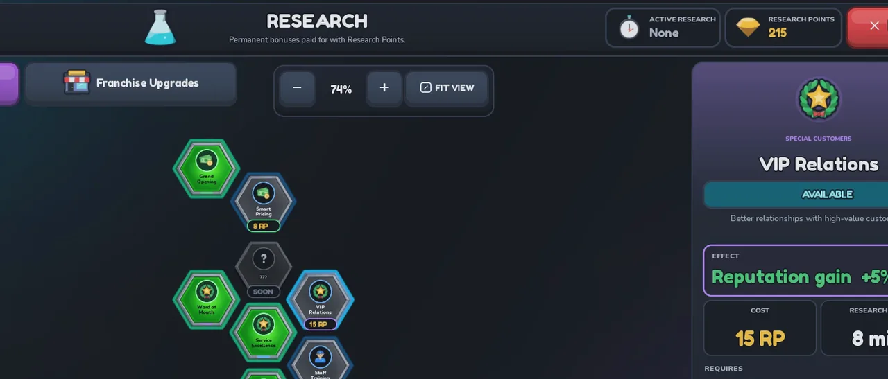 Research tree with hexagonal upgrade nodes and a details panel