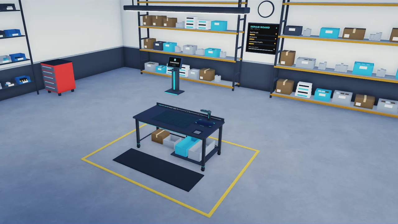 The workbench inside the shop with its tool rack