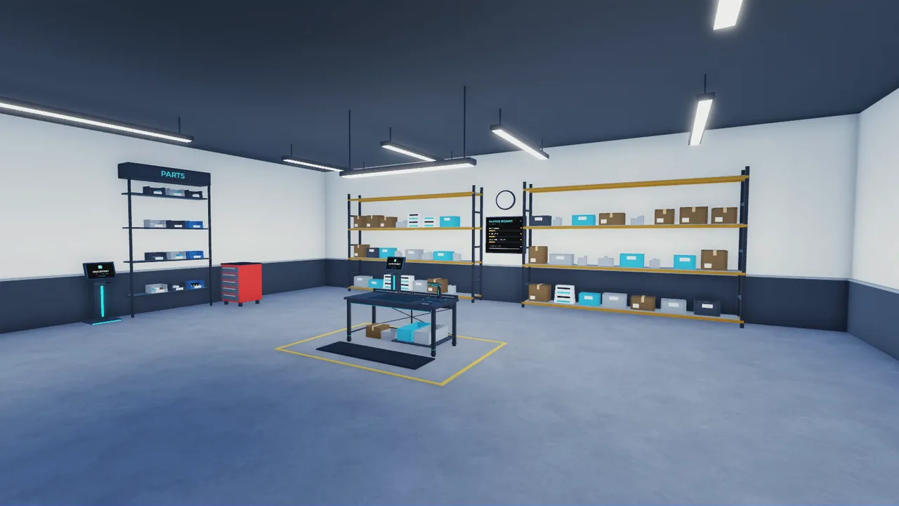 Inside the workshop: shelves of parts and a workbench