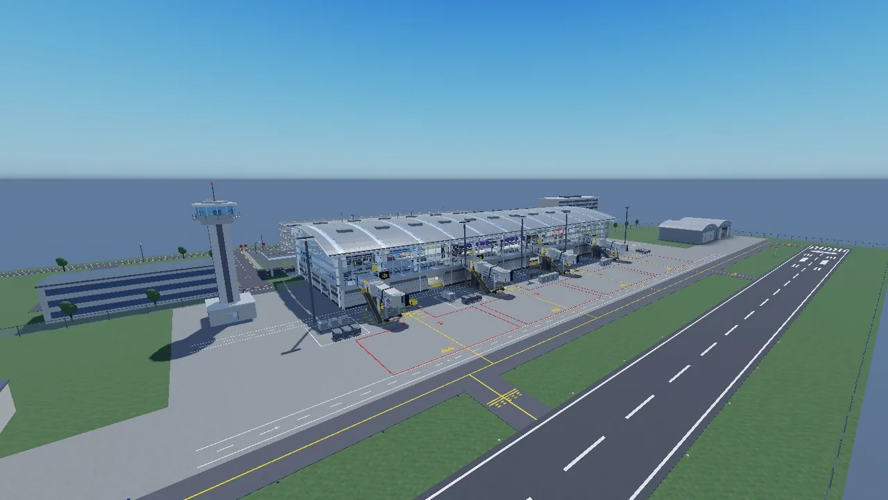 Aerial view of the Heathrow-inspired airport map: terminal, jet bridges, apron and runway