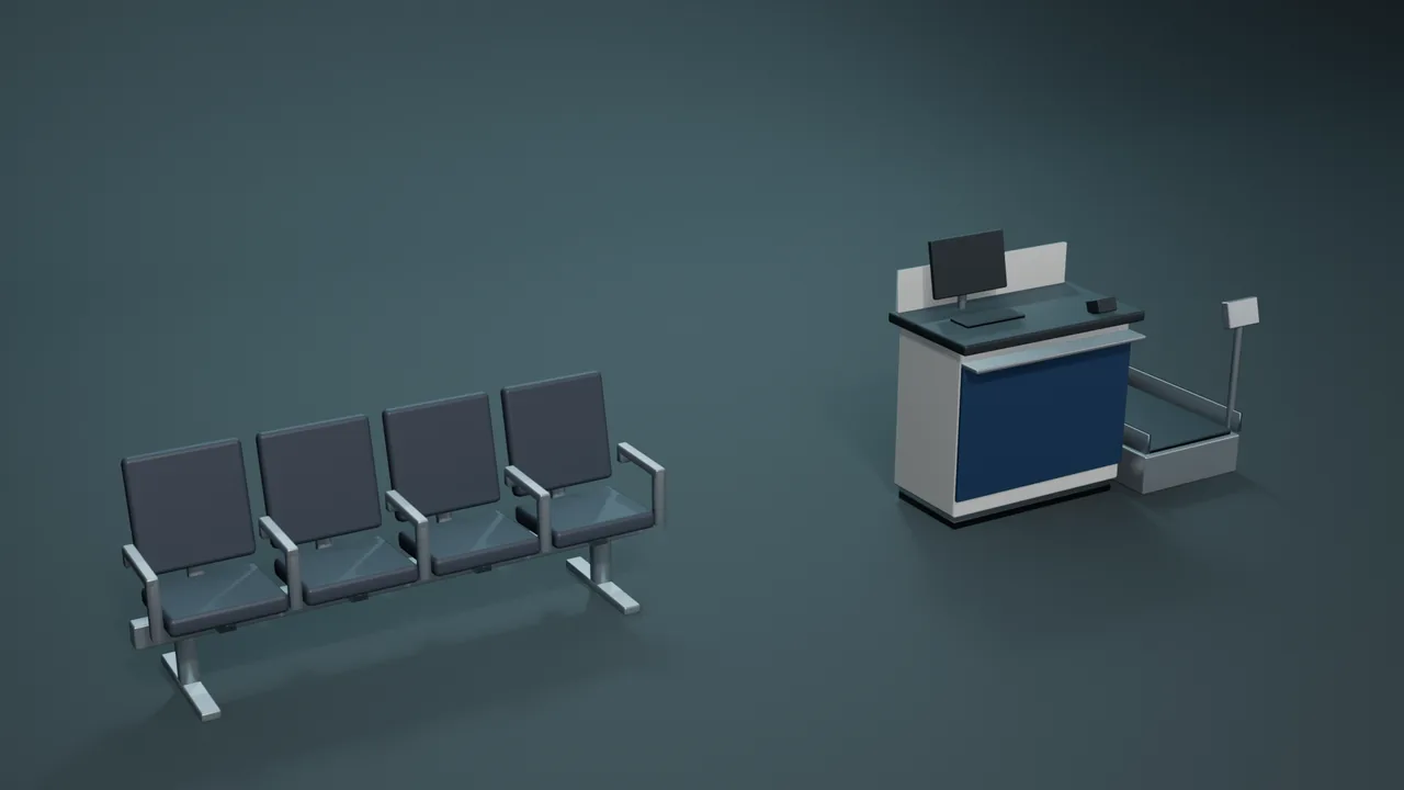Check-in desk and beam seating render